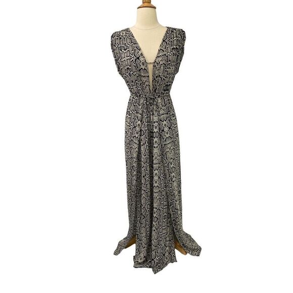 Vix Paula Hermanny Snakeskin Print Maxi Cover Up Size XS Plunge Neckline Slits - Picture 1 of 12